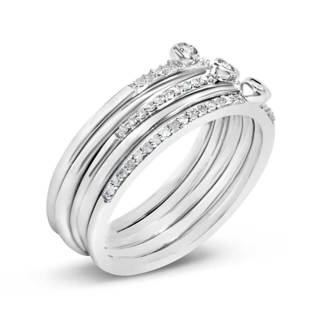Sterling Silver 3/8 Cttw Diamond Bezel and Pave Set Stackable Ring Set