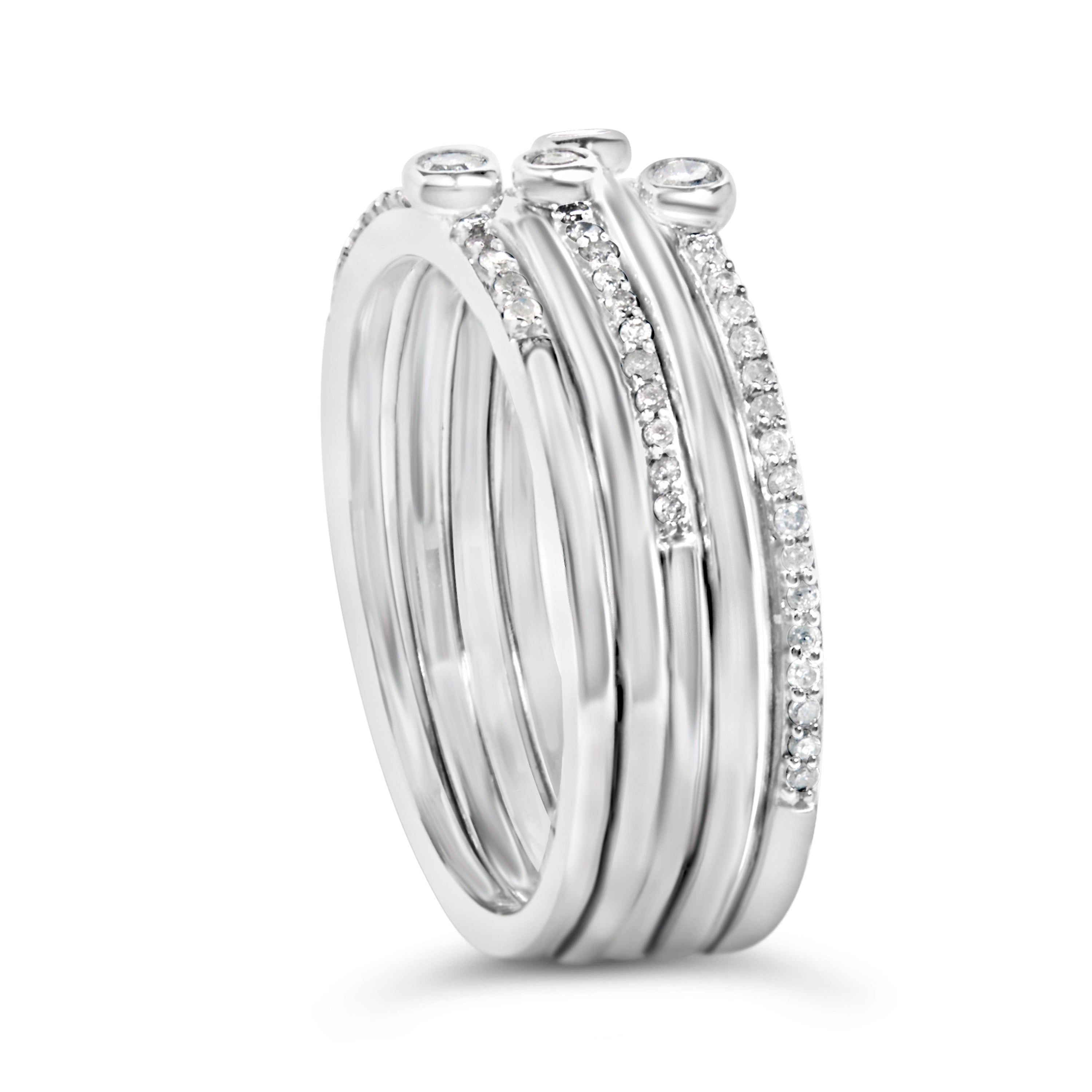 Sterling Silver 3/8 Cttw Diamond Bezel and Pave Set Stackable Ring Set