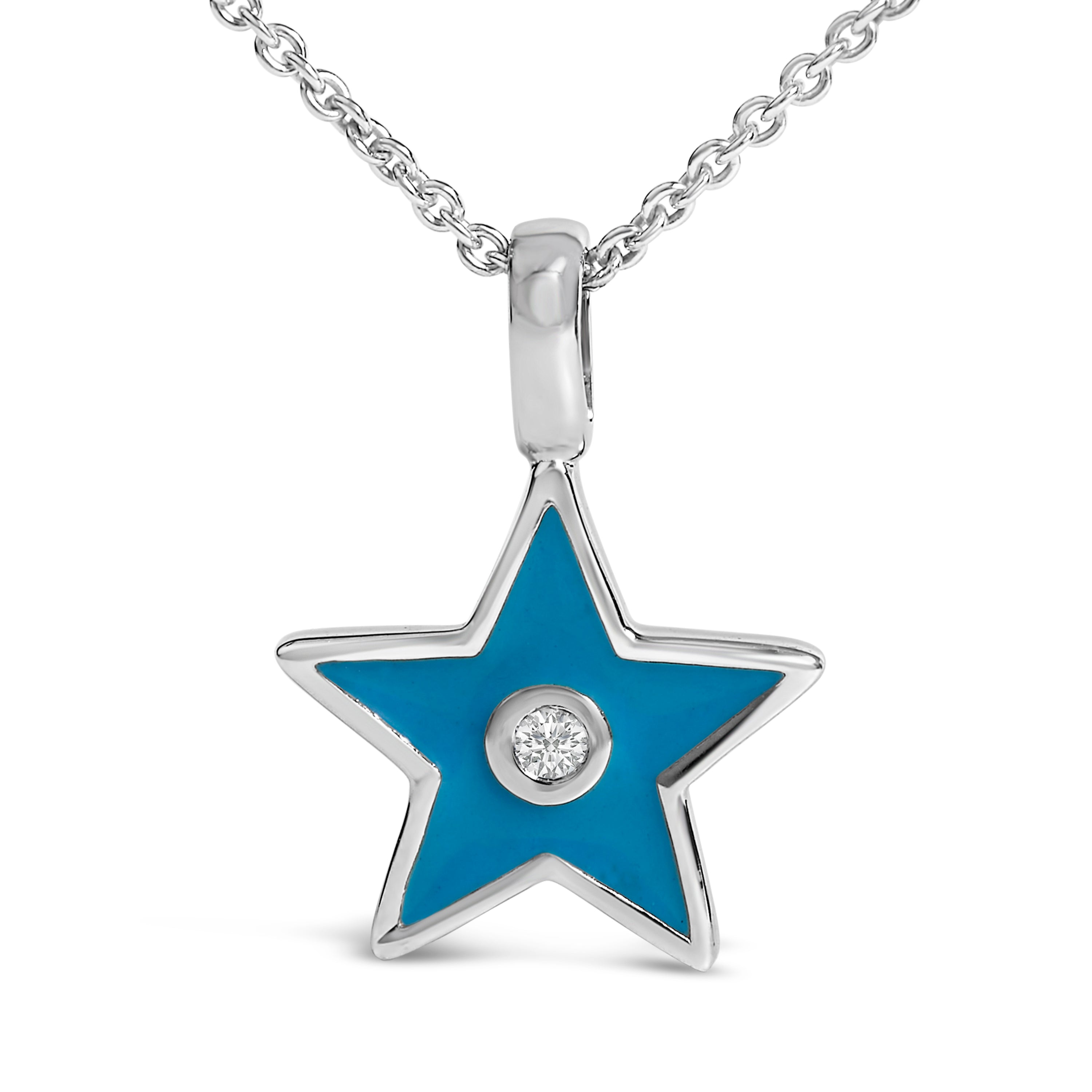 Sterling Silver Blue Enamel and Diamond Accent Star Pendant Necklace
