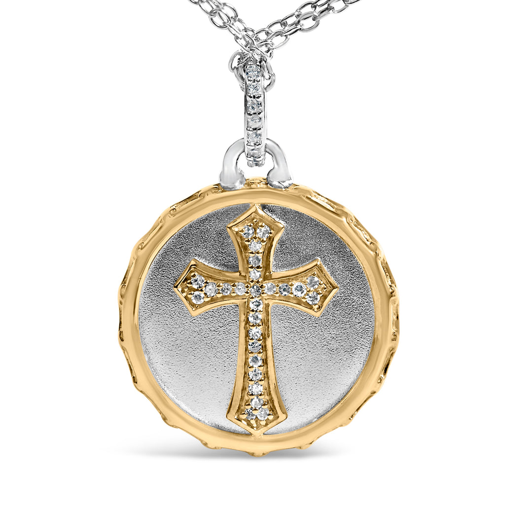 14K Yellow Gold Plated Sterling Silver 1/10 Cttw Diamond Cross Medallion Pendant Necklace