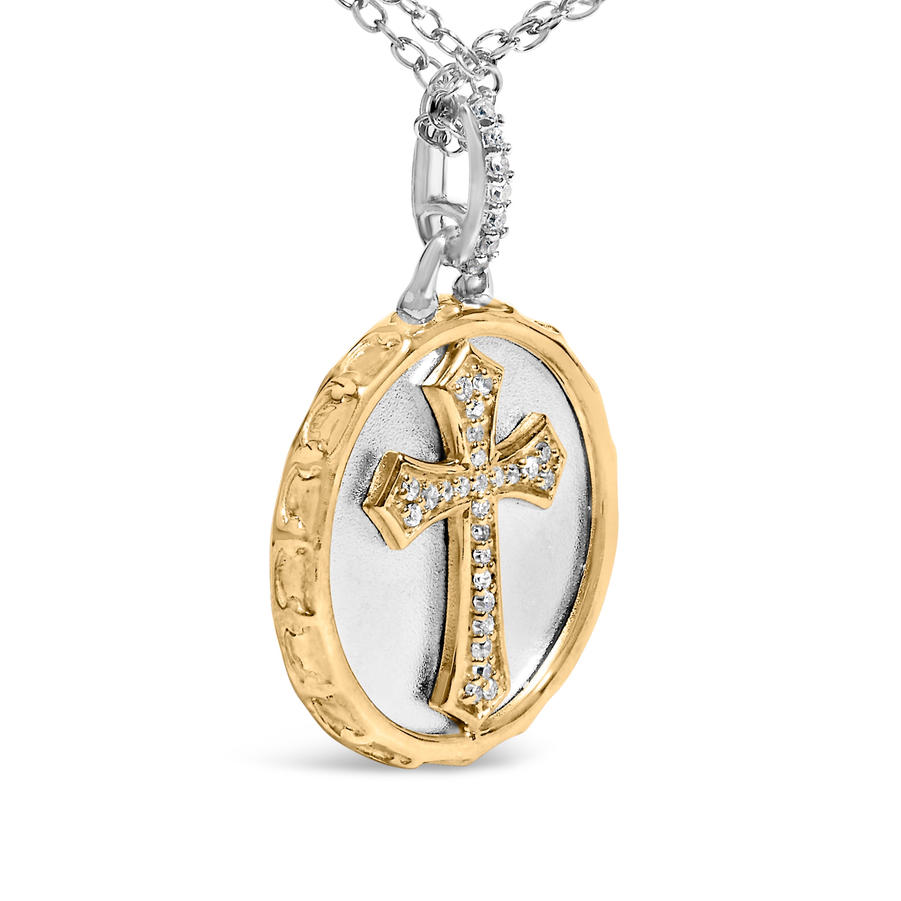 14K Yellow Gold Plated Sterling Silver 1/10 Cttw Diamond Cross Medallion Pendant Necklace