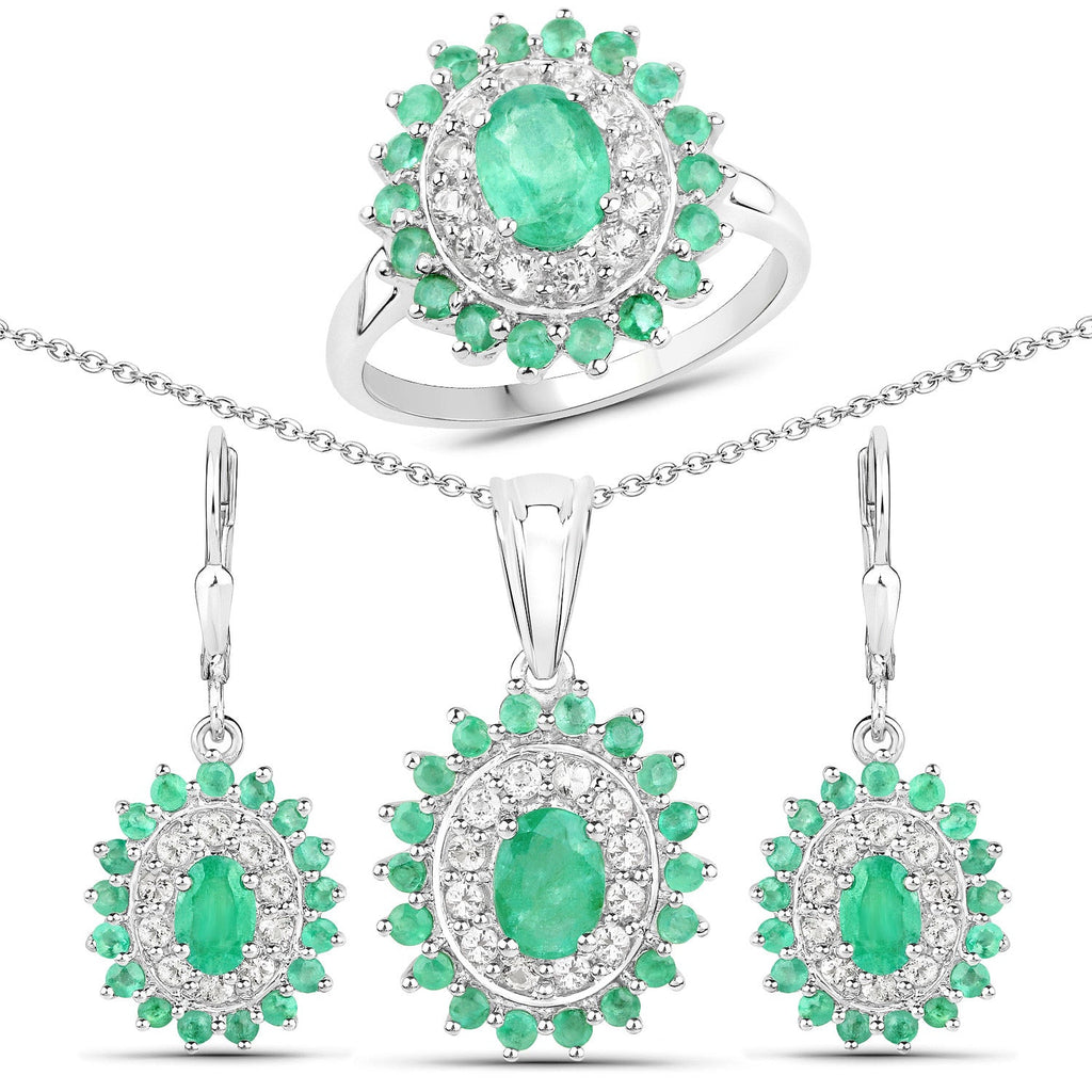 6.53 Carat Genuine Zambian Emerald and White Topaz .925 Sterling Silver 3 Piece Jewelry Set (Ring, Earrings, and Pendant w/ Chain)