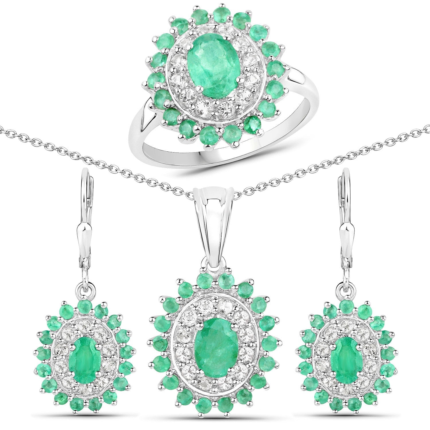 6.53 Carat Genuine Zambian Emerald and White Topaz .925 Sterling Silver 3 Piece Jewelry Set (Ring, Earrings, and Pendant w/ Chain)