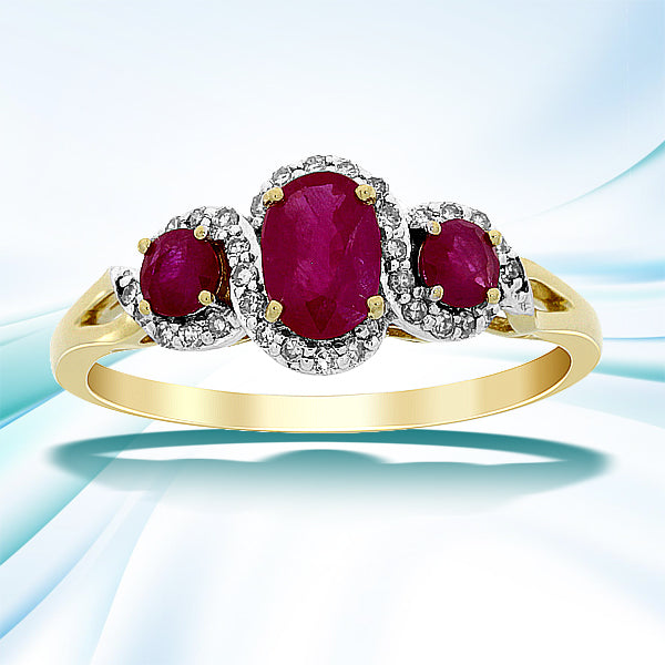 1.04ct Ruby Diamond 3 Stone Ring 14KT Yellow Gold