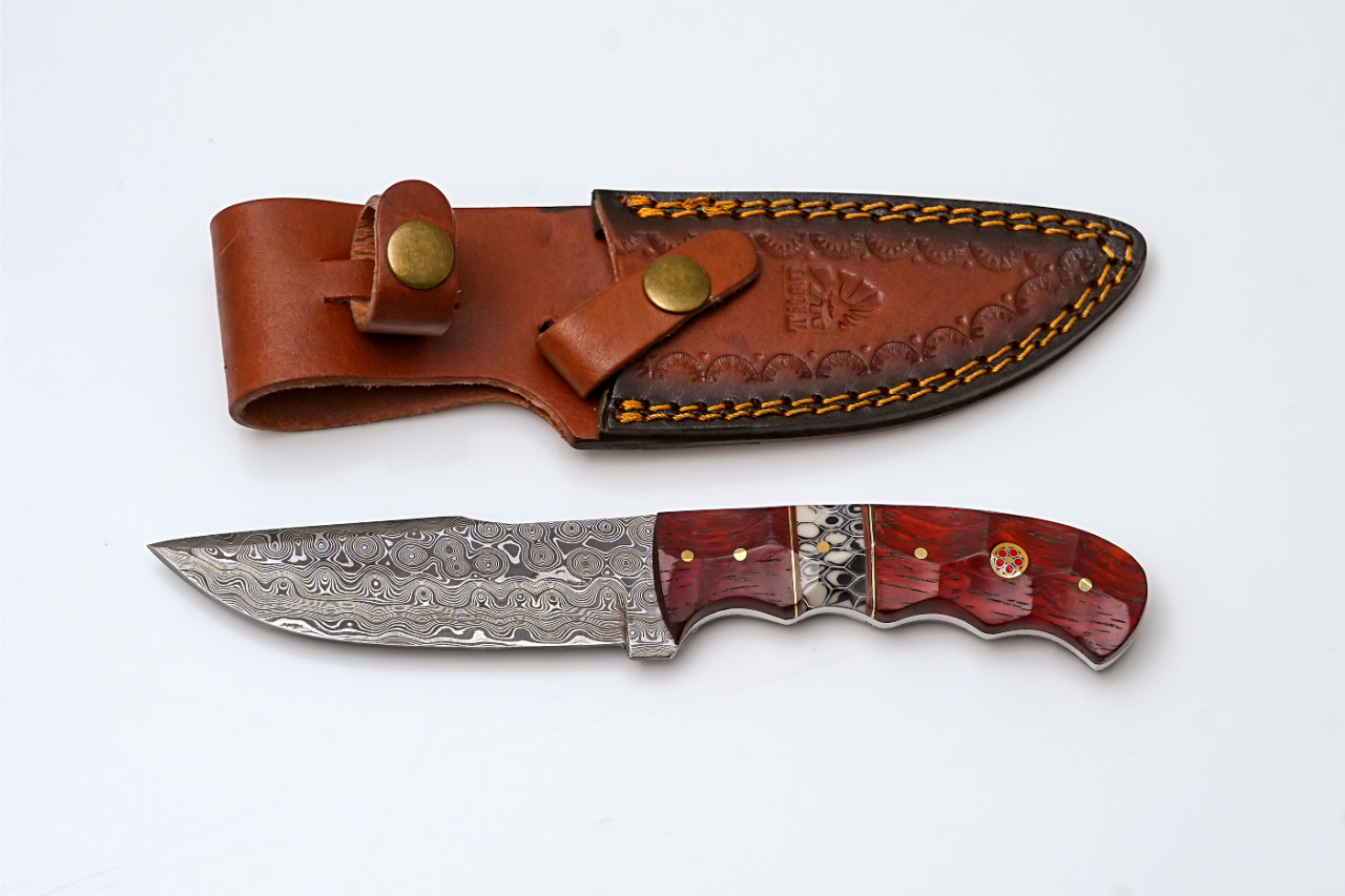 Handmade Damascus Steel Fixed Blade Knife with Red Diamond Wood Handle & Leather Sheath | Wilderness Redhawk TK-442