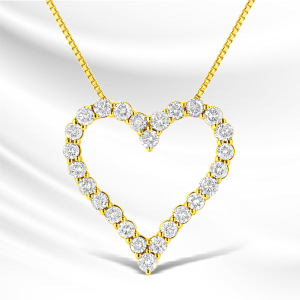 14K Yellow Gold Plated .925 Sterling Silver 2.00 Cttw Shared Prong-Set Round Brilliant-Cut Diamond Open Heart 18" Pendant Necklace (K-L Color, I2-I3 Clarity)