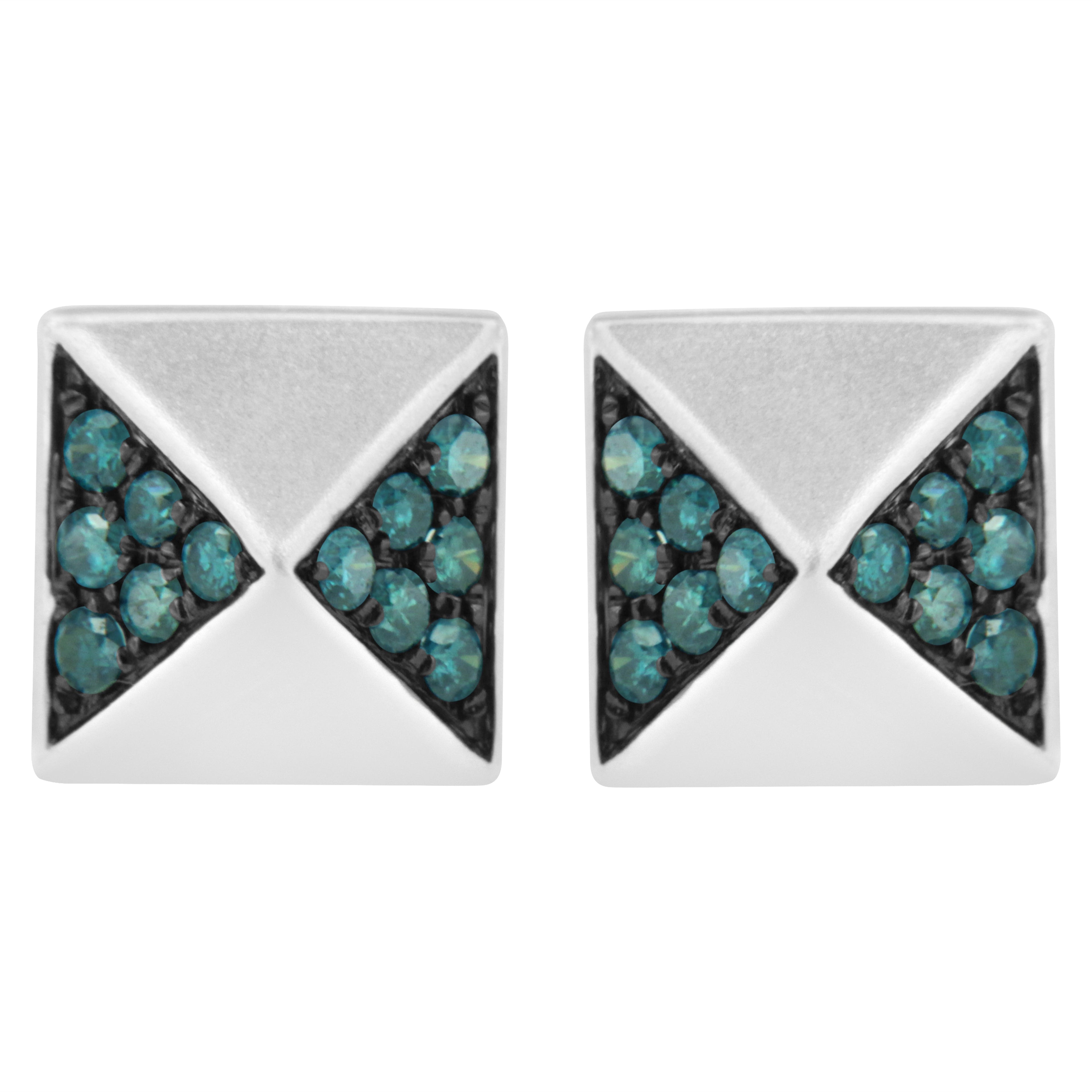 14K White Gold 1/4 Cttw Treated Blue Diamond Pyramid Stud Earring (Blue Color, SI1-SI2 Clarity)