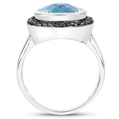 5.23 Carat Genuine Swiss Blue Topaz and Black Diamond .925 Sterling Silver Ring