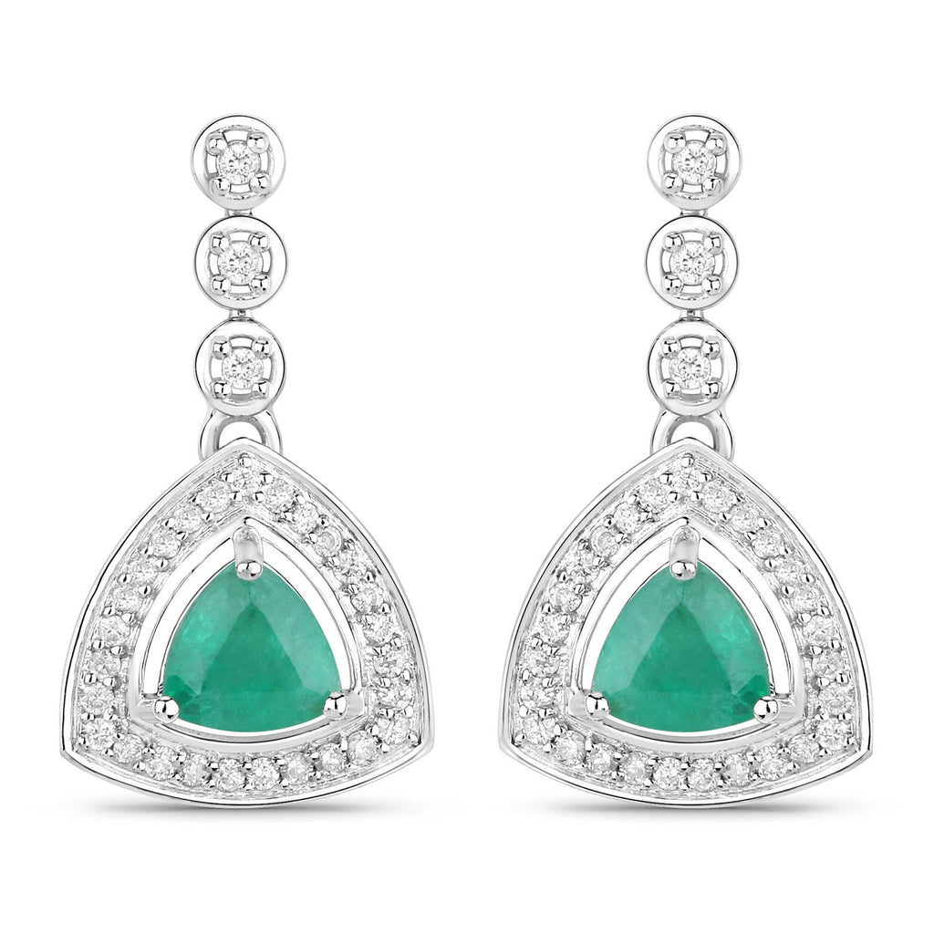 1.39 Carat Genuine Zambian Emerald and White Diamond 14K White Gold Earrings