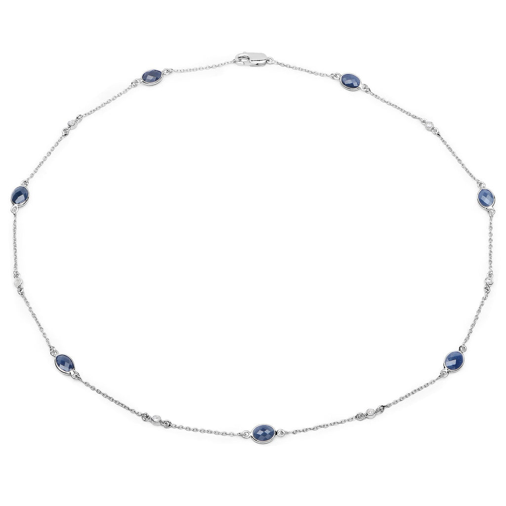 6.43 Carat Genuine Blue Sapphire and White Diamond .925 Sterling Silver Necklace
