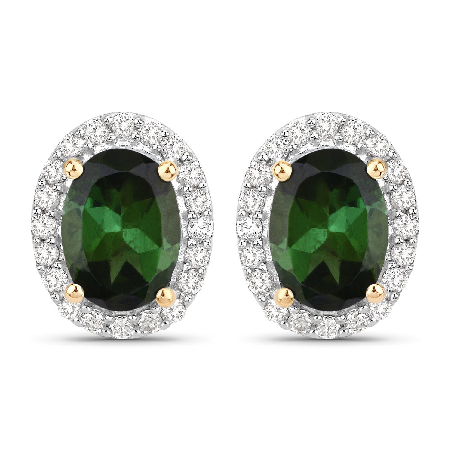 1.92 Carat Genuine Green Tourmaline and White Diamond 14K Yellow Gold Earrings