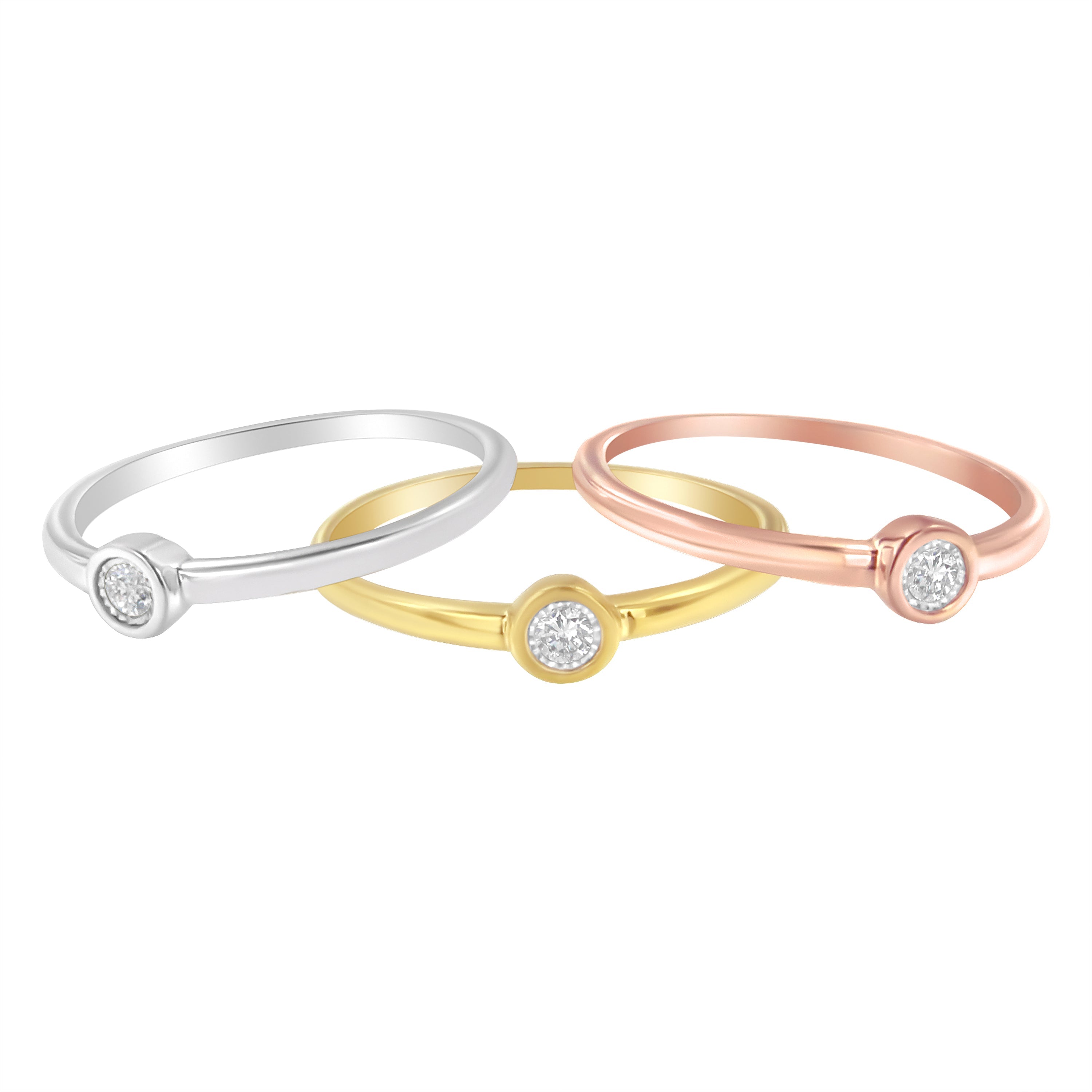 Tri-Color 14K Gold Plated .925 Sterling Silver 1/6 Cttw Round Miracle-Set Diamond Stacking Promise Ring Set (J-K Color, I1-I2 Clarity) - Size 7
