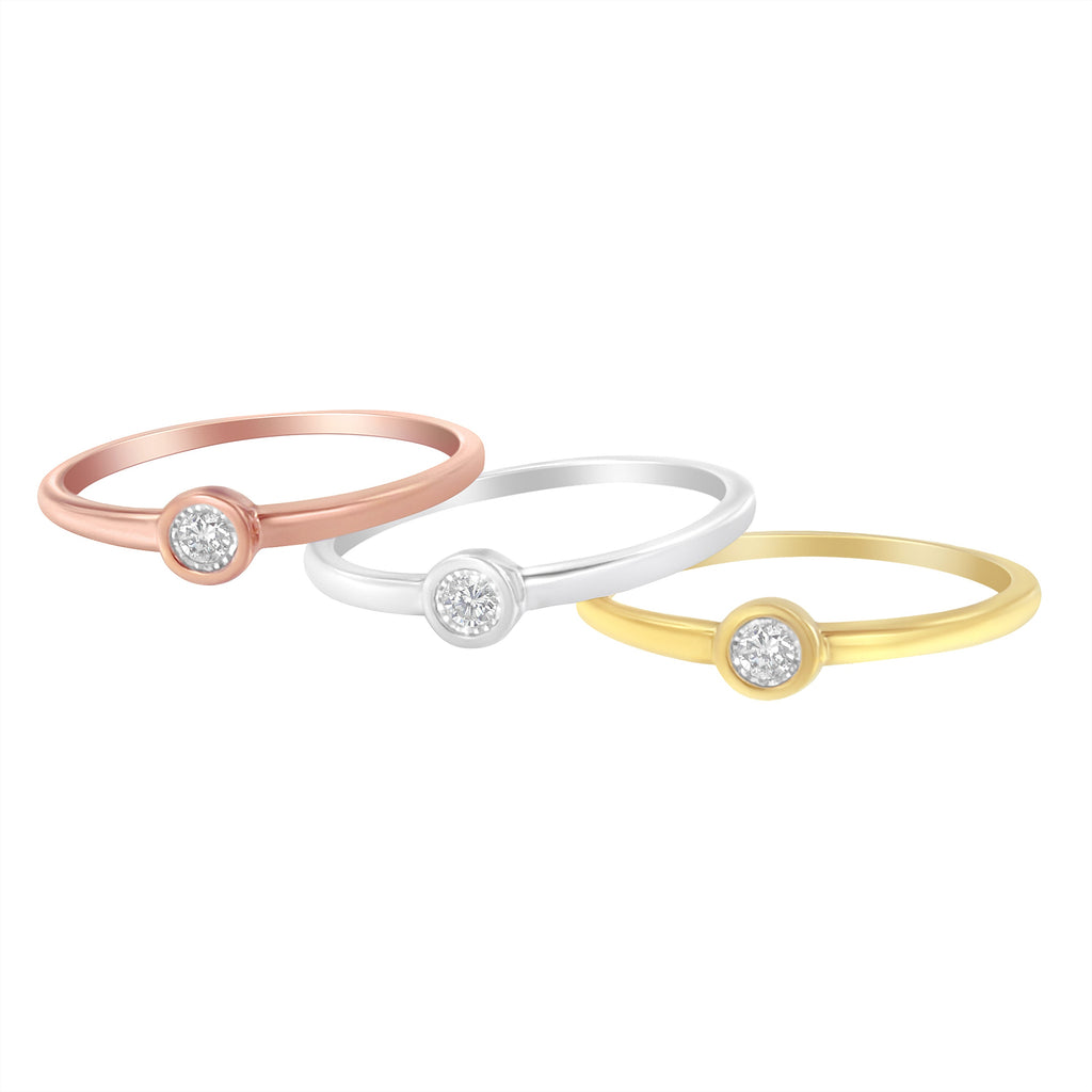 Tri-Color 14K Gold Plated .925 Sterling Silver 1/6 Cttw Round Miracle-Set Diamond Stacking Promise Ring Set (J-K Color, I1-I2 Clarity) - Size 7