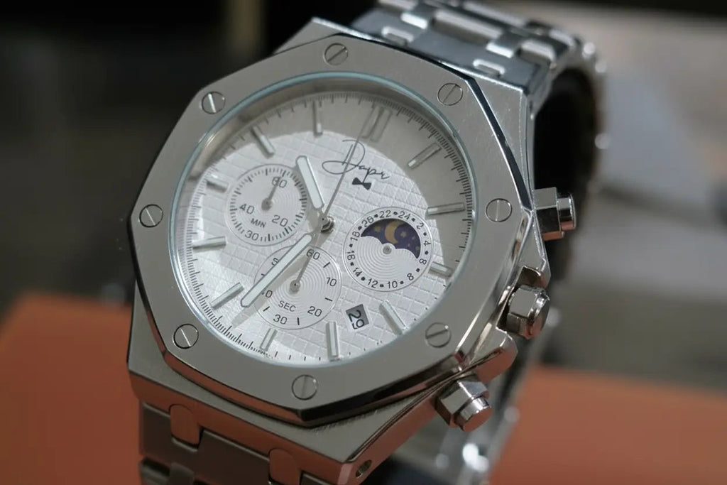 Silver Stainless Steel Watch – ChronoLunar White Dial by Dapper Watches