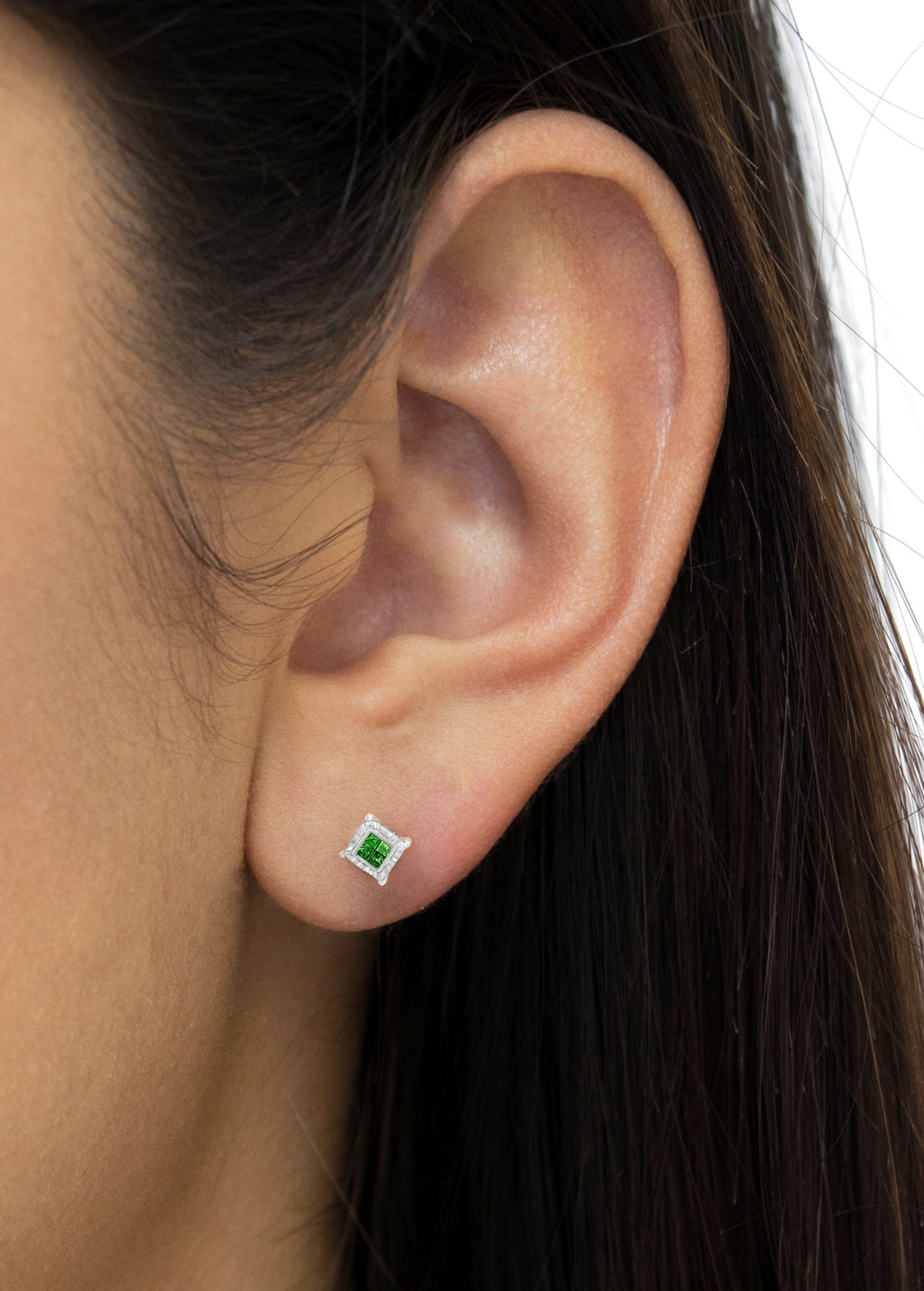 Sterling Silver Color Treated Princess Diamond Quad Stud Earring (1/2 cttw, Green Color, I1-I2 Clarity)