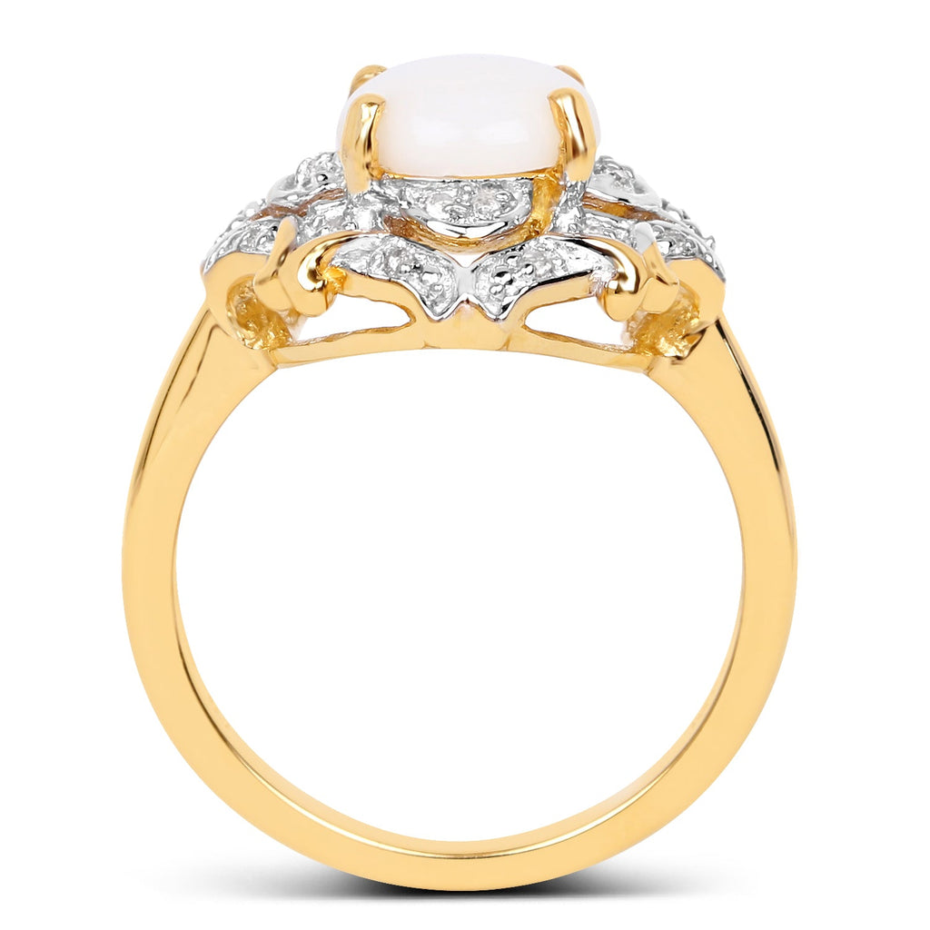 14K Yellow Gold Plated 1.40 Carat Genuine Opal and White Topaz .925 Sterling Silver Ring