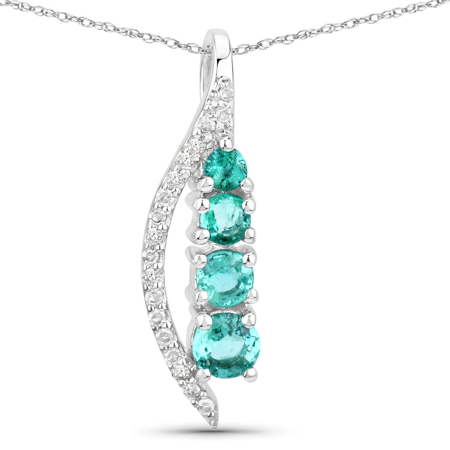 0.34 Carat Genuine Zambian Emerald and White Diamond 14K White Gold Pendant