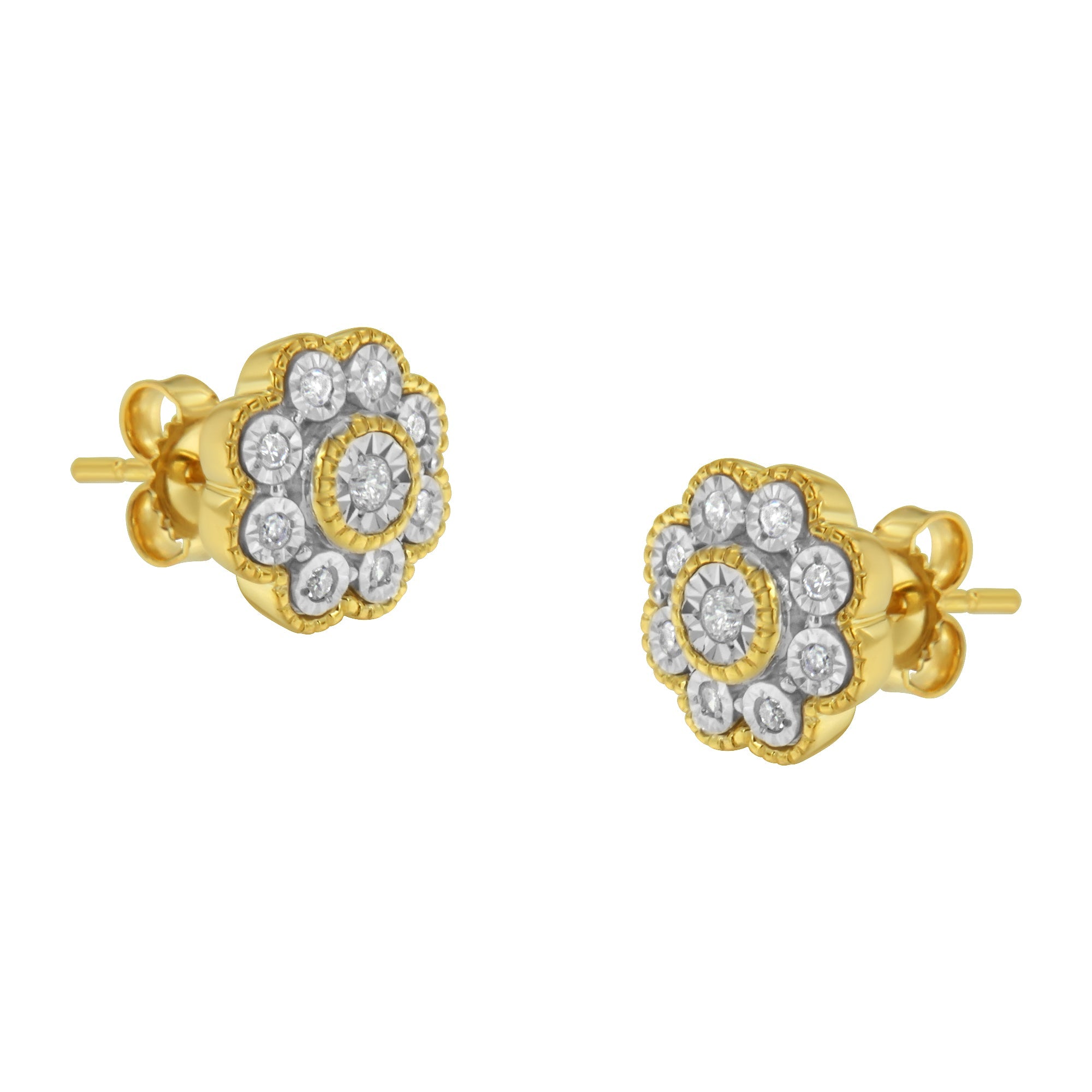 14K Yellow Gold Plated .925 Sterling Silver 1/6 Cttw Miracle-Plate Set Diamond Floral Stud Earrings (I-J Color, I2-I3 Clarity)