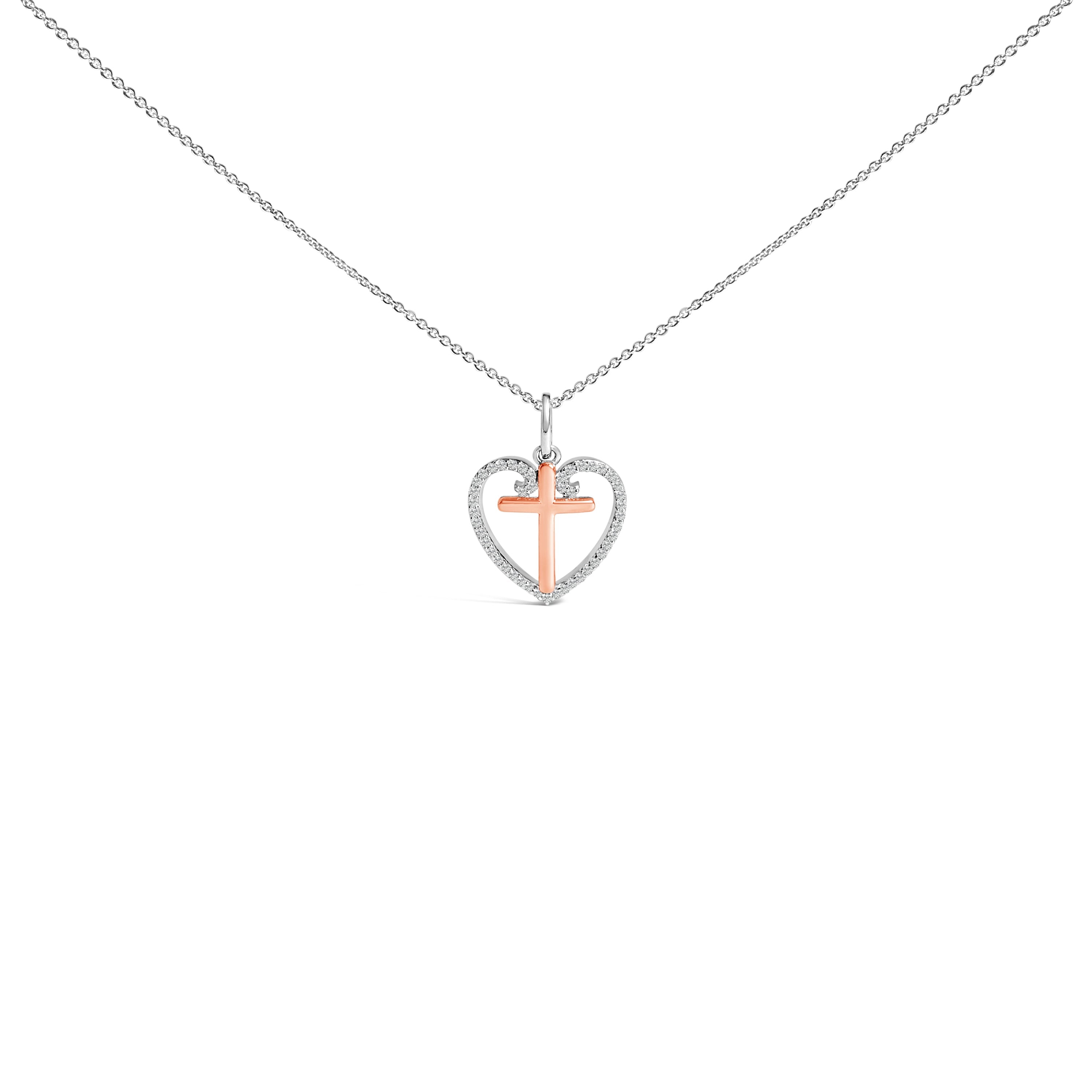 14K Rose Gold Plated Sterling Silver 1/5 Cttw Diamond Heart Cross Pendant Necklace