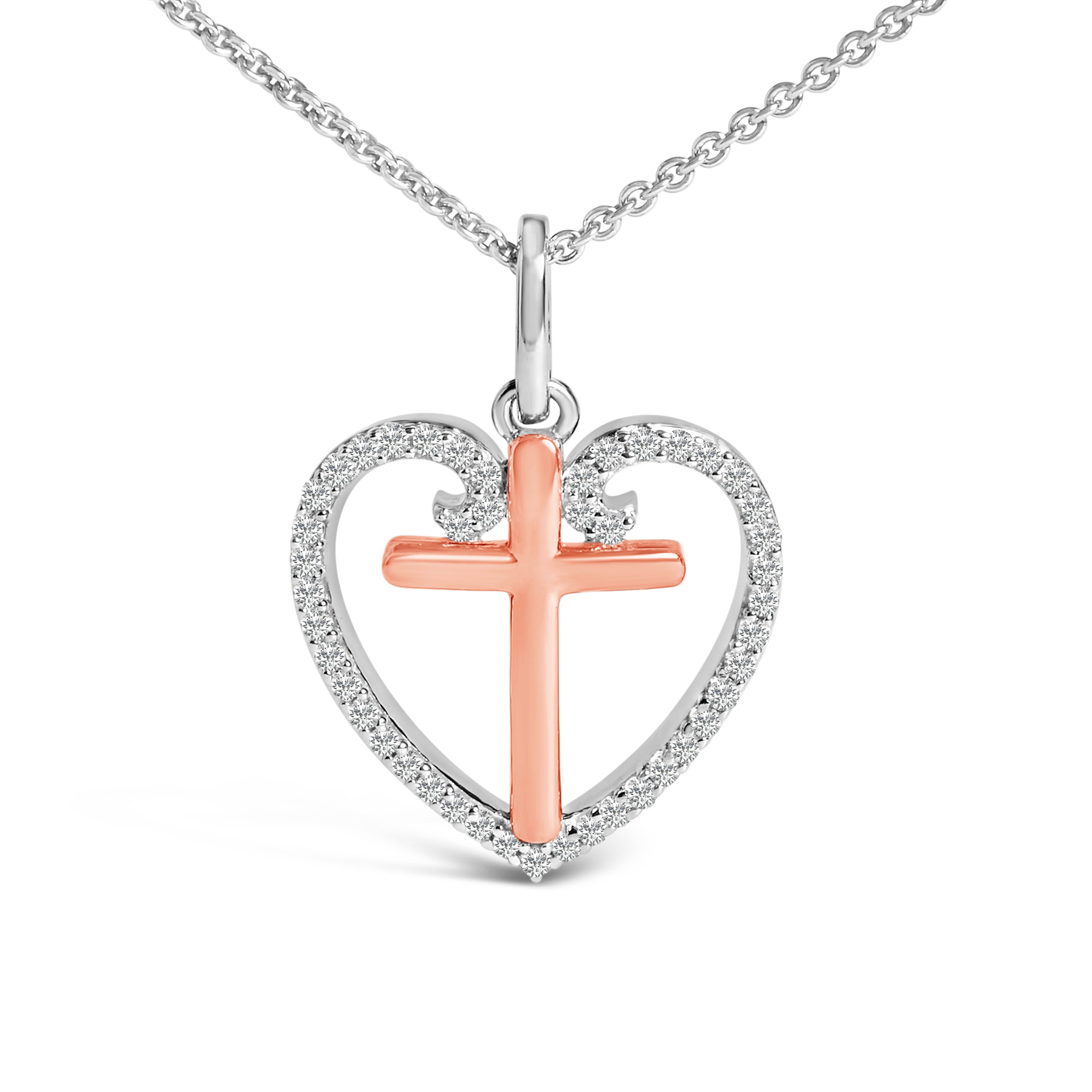 14K Rose Gold Plated Sterling Silver 1/5 Cttw Diamond Heart Cross Pendant Necklace