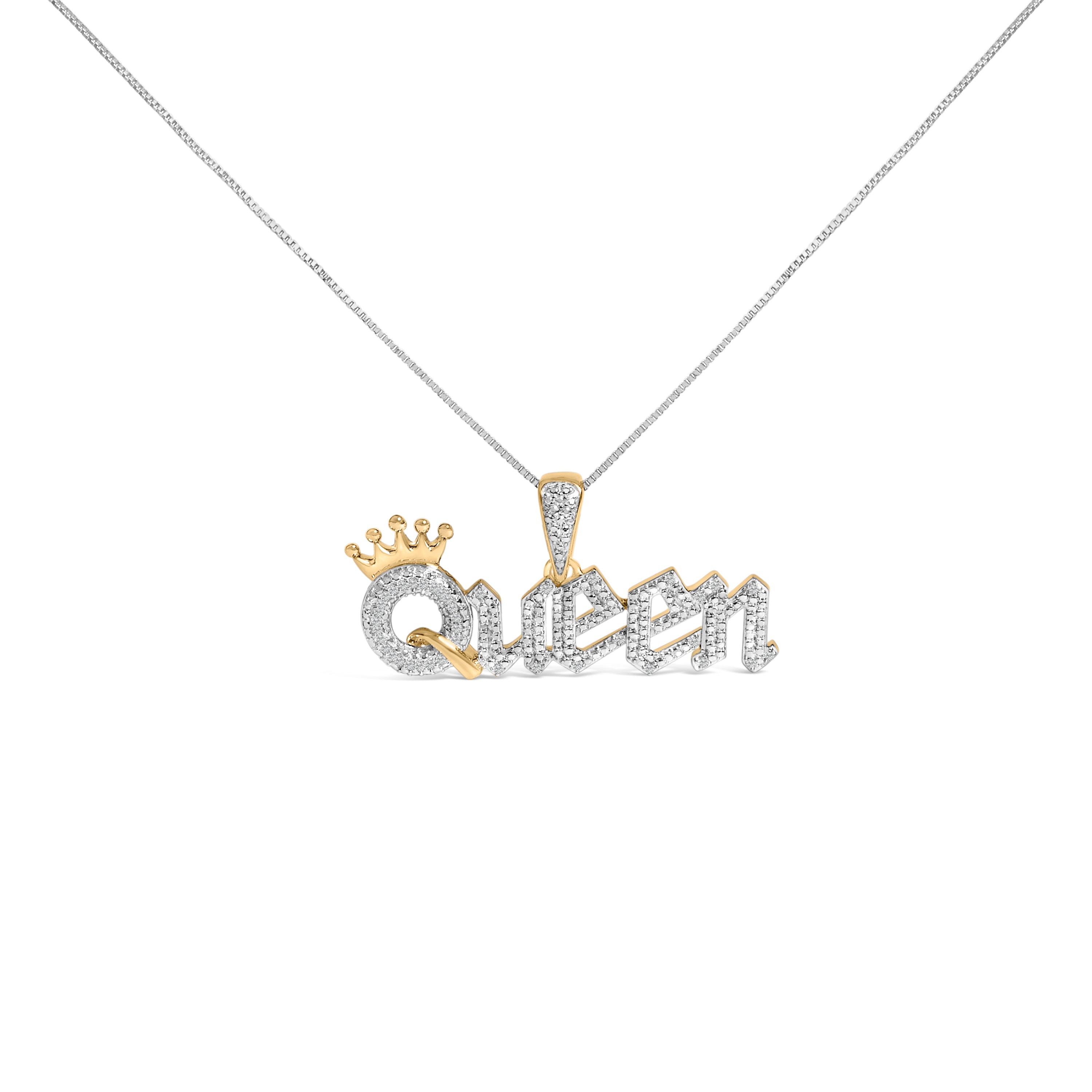 14K Yellow Gold Plated Sterling Silver 1/10 Cttw Diamond â€œQueenâ€ Nameplate Pendant Necklace