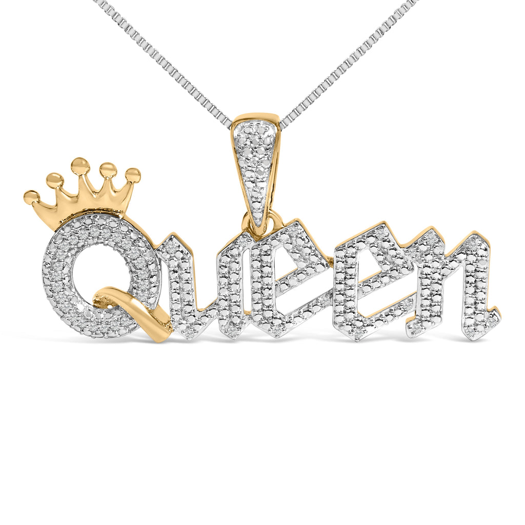 14K Yellow Gold Plated Sterling Silver 1/10 Cttw Diamond â€œQueenâ€ Nameplate Pendant Necklace