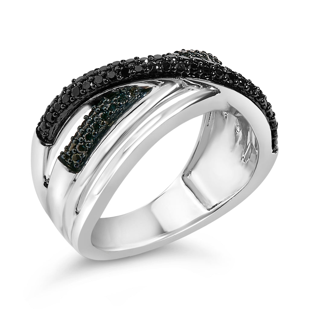 Sterling Silver 1/2 Cttw Black and Blue Diamond Crossover Bypass Ring