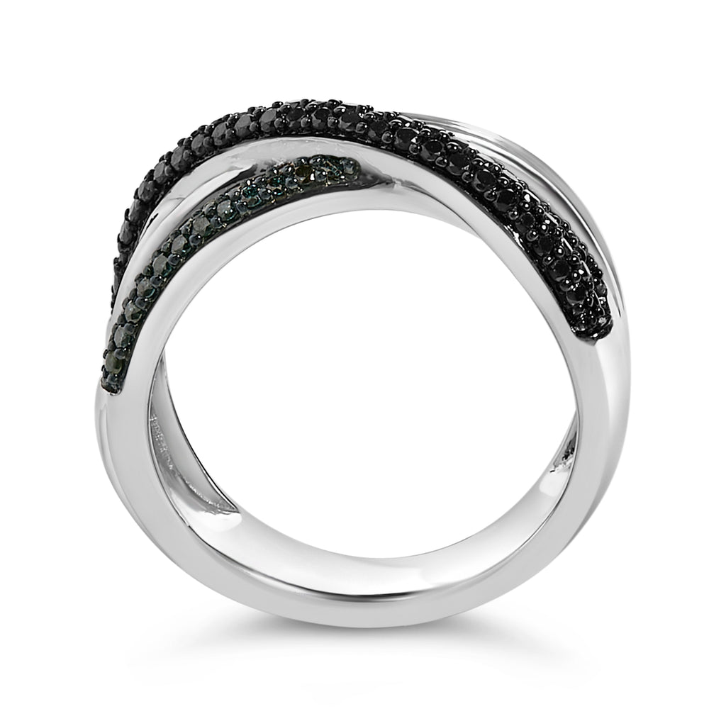 Sterling Silver 1/2 Cttw Black and Blue Diamond Crossover Bypass Ring
