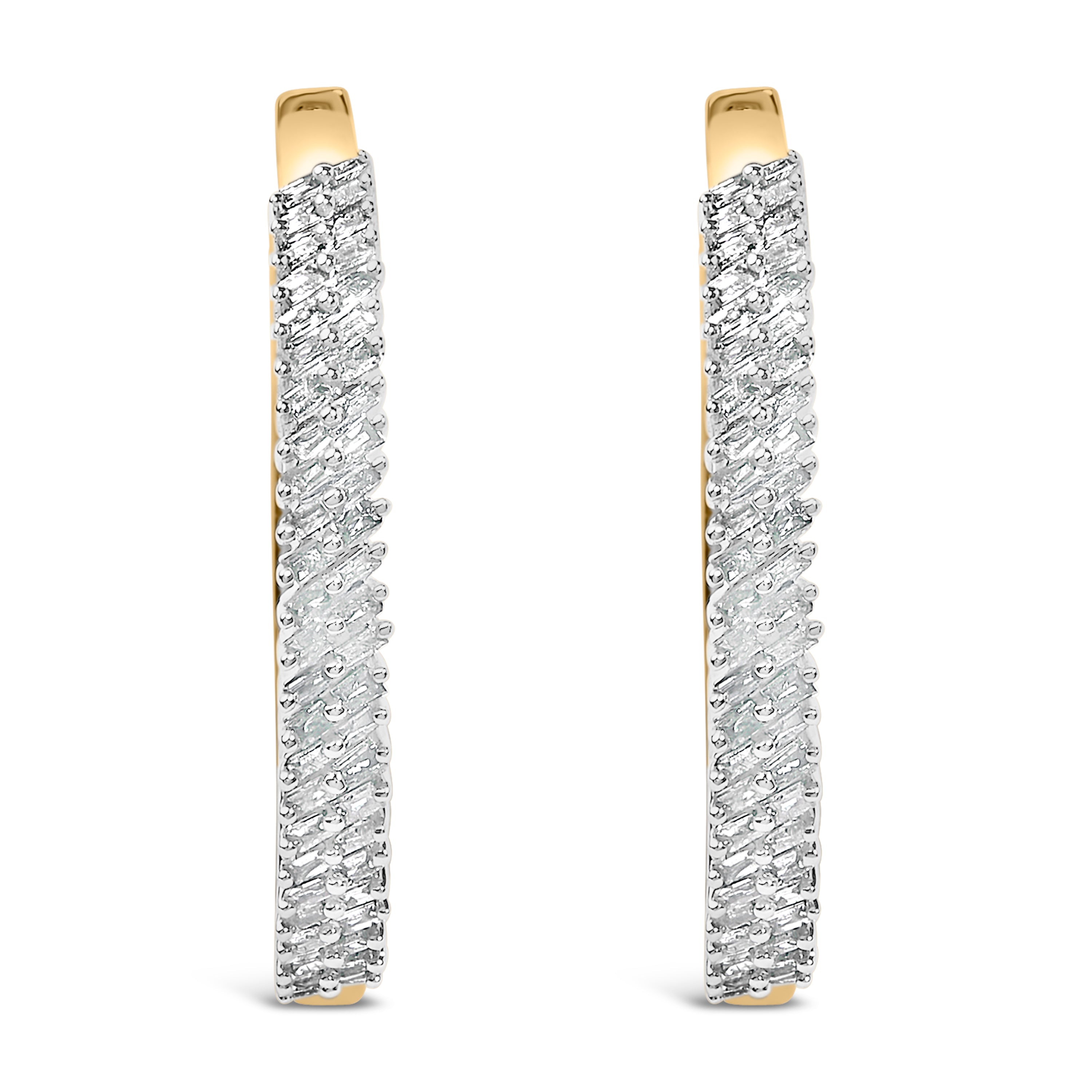 14K Yellow Gold Plated .925 Sterling Silver 1.0 Cttw Baguette Diamond Hoop Earrings