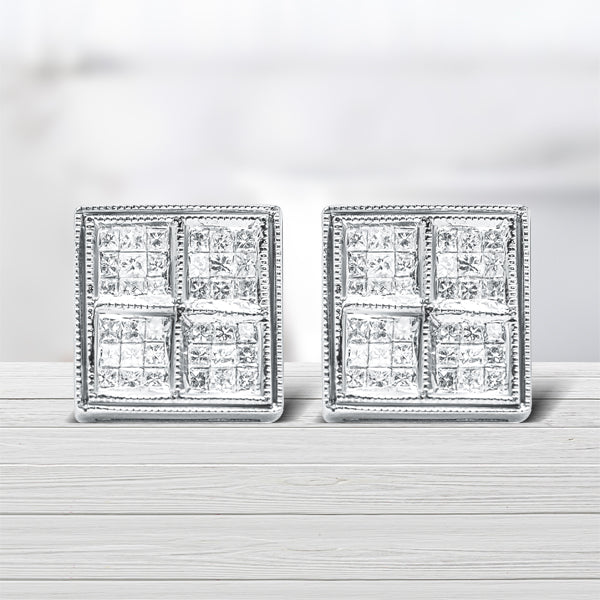 14K White Gold 1/2 Cttw Princess Diamond Composite Box Shape Milgrain Stud Earrings (H-I Color, SI1-SI2 Clarity)