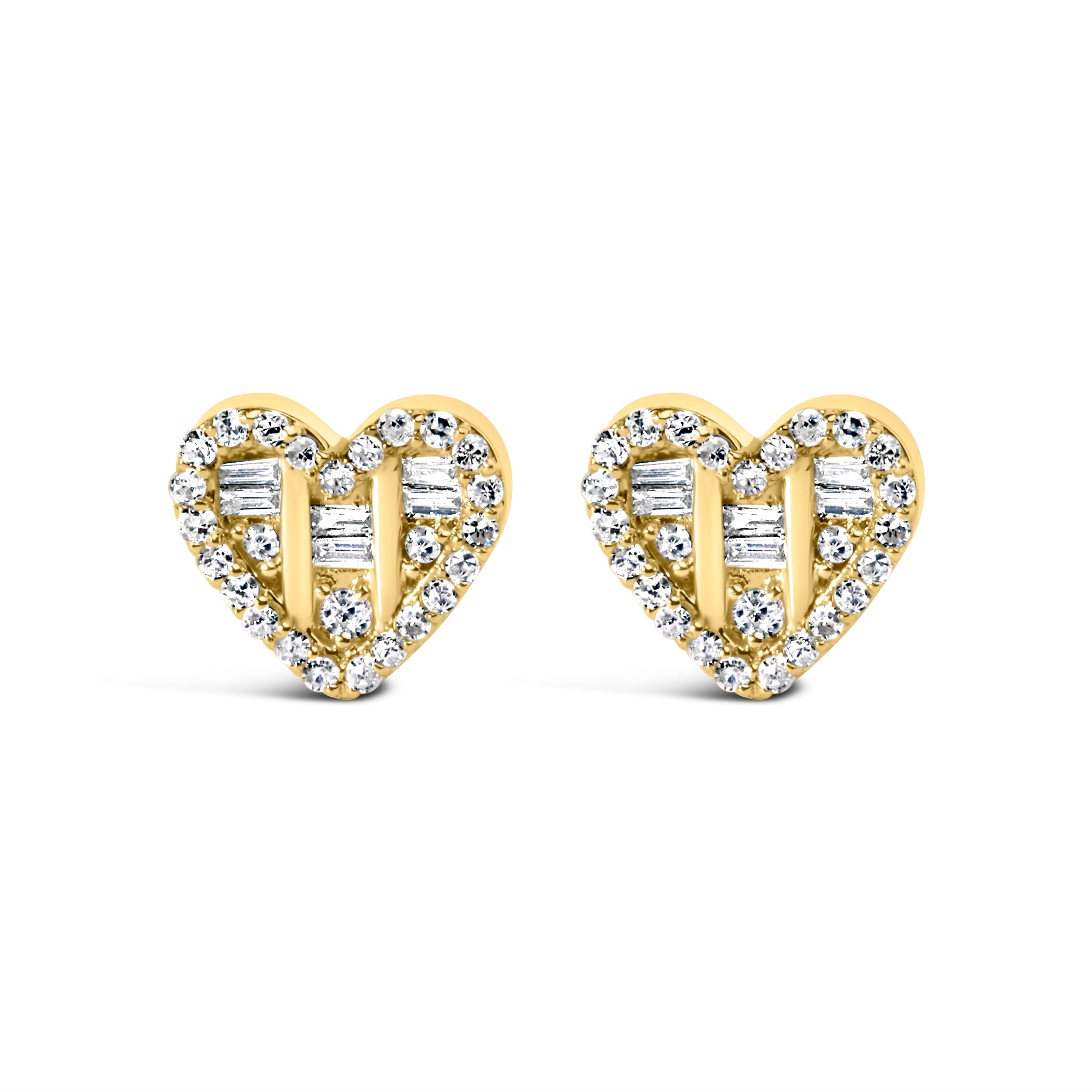 14K Yellow Gold Plated .925 Sterling Silver 1/2 Cttw Round and Baguette Diamond Composite Heart Shaped Stud Earring (I-J Color, SI2-I1 Clarity)