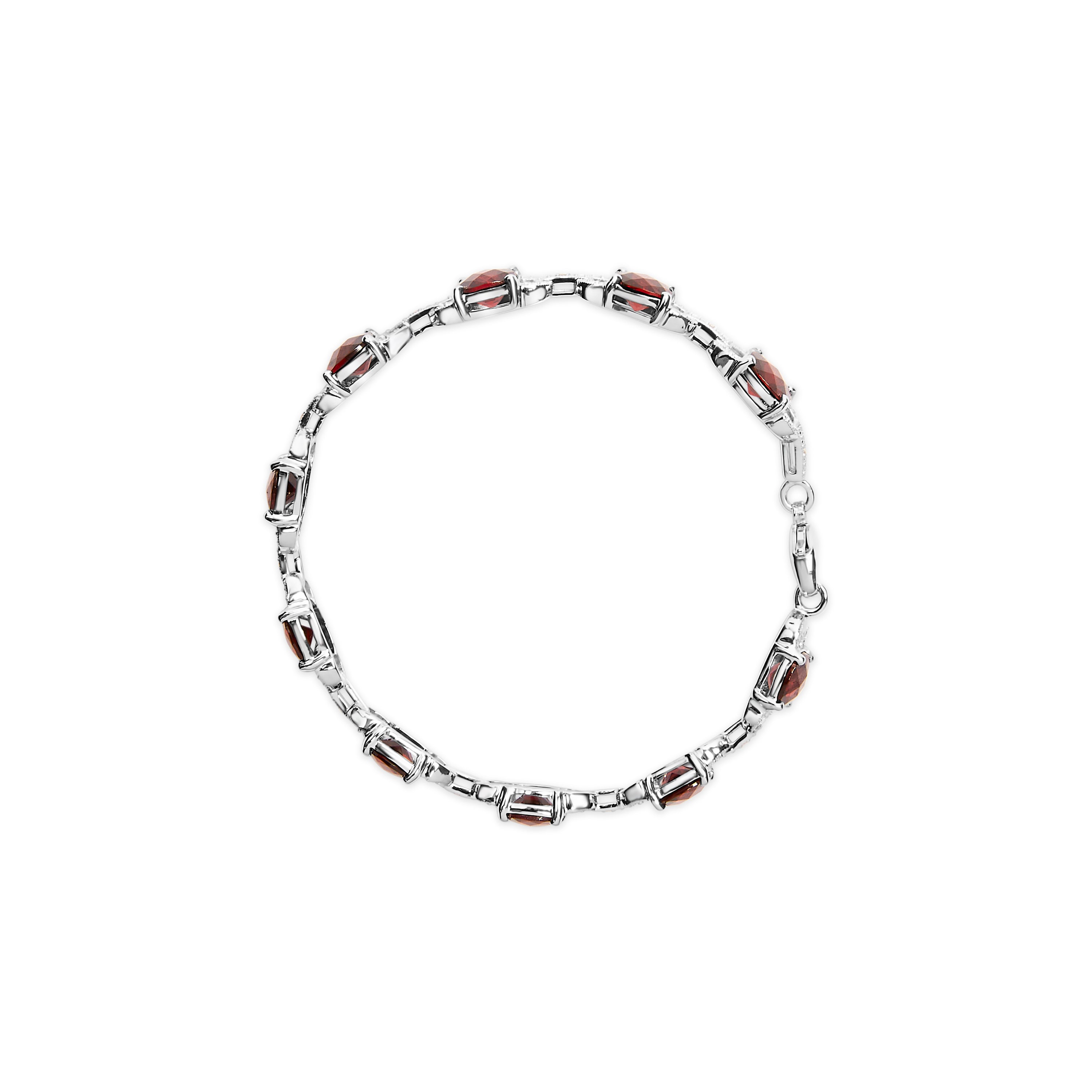 .925 Sterling Silver 7x7mm Checkered Cushion Red Garnet and Diamond Accent Fashion Tennis Link Bracelet (I-J Color, I1-I2 Clarity) - Size 7" Inch
