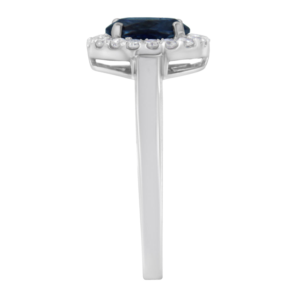 10K White Gold 1/5 Cttw Round Diamond and Prong Set 7MM Created Blue Sapphire Halo Cocktail Ring (H-I Color, I1-I2 Clarity) - Size 7