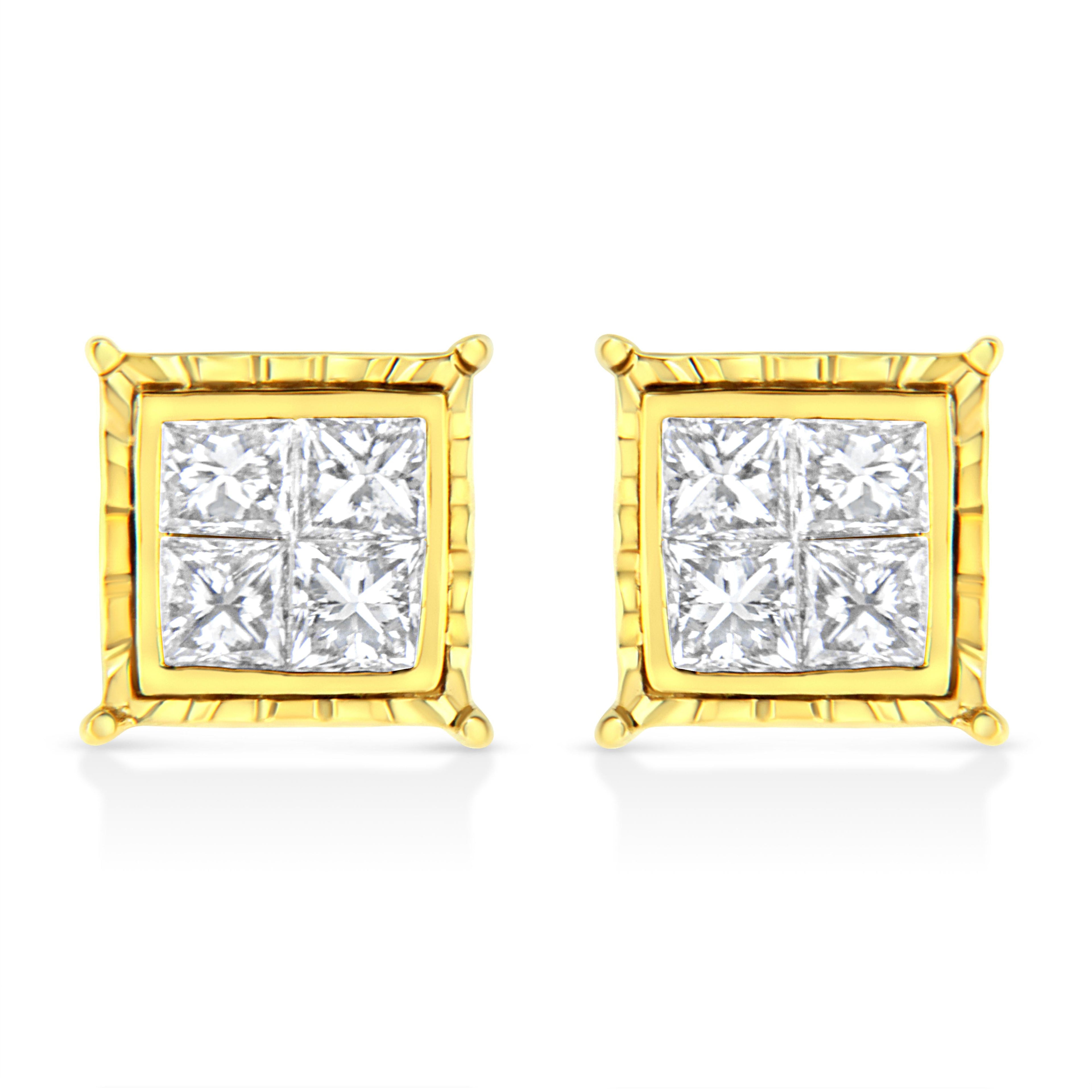 14K Yellow Gold 1 Cttw Princess Cut Diamond Square Stud Earrings