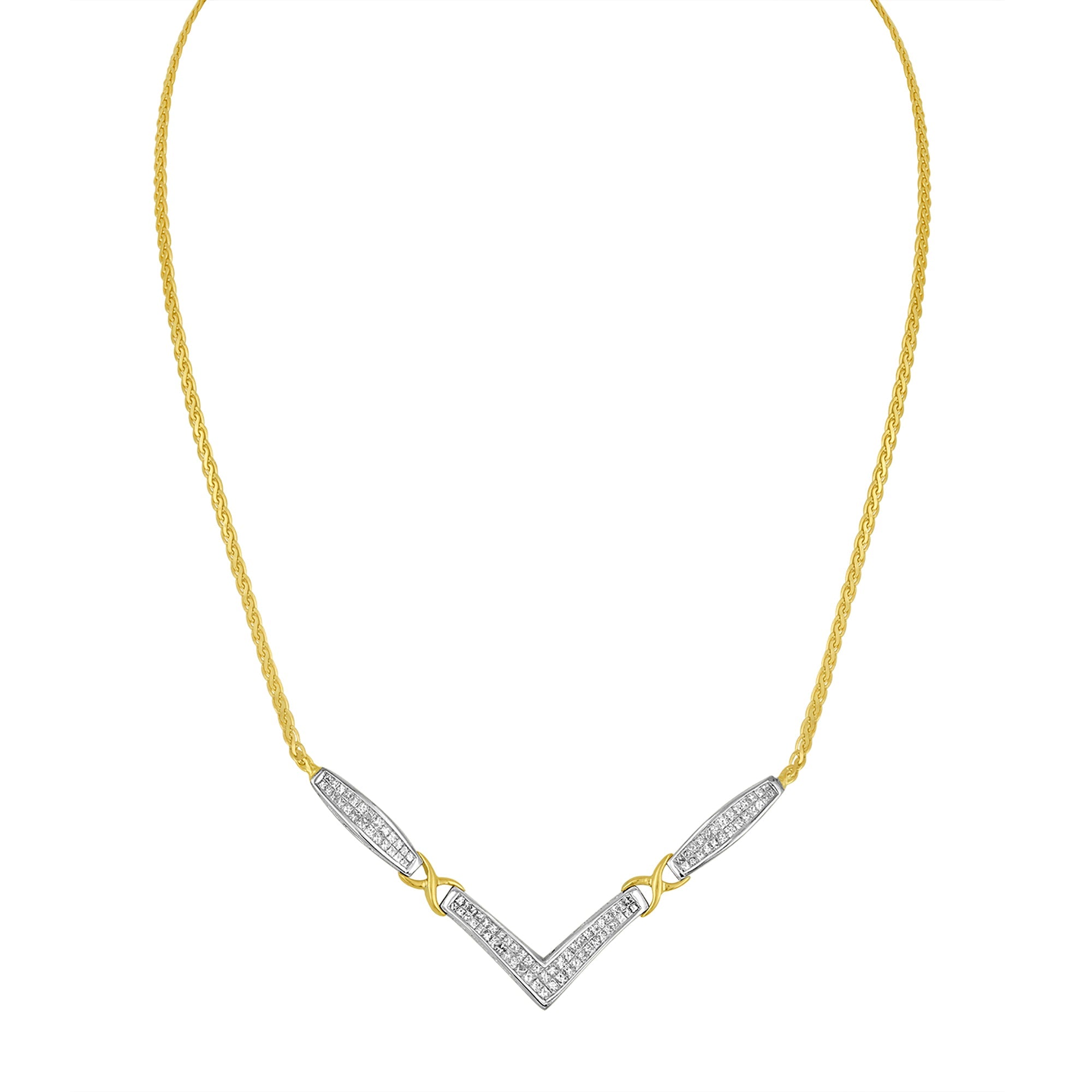 14K Yellow and White Gold 2.0 Cttw Princess Cut Diamond Flared and X-Station V Shaped 18â€ Franco Chain Statement Necklace (H-I Color, SI2-I1 Clarity)