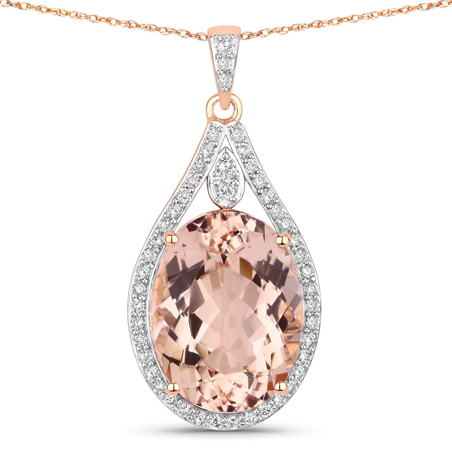 9.31 Carat Genuine Morganite and White Diamond 14K Rose Gold Pendant