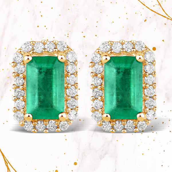 0.91 Carat Genuine Zambian Emerald and White Diamond 14K Yellow Gold Earrings