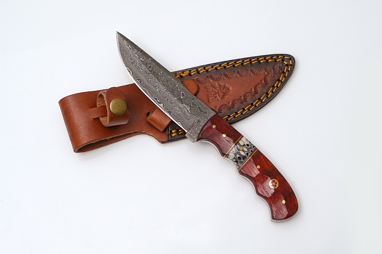 Handmade Damascus Steel Fixed Blade Knife with Red Diamond Wood Handle & Leather Sheath | Wilderness Redhawk TK-442