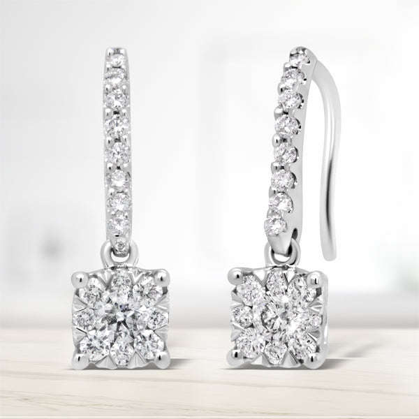 14K White 1/2 Cttw Round Diamond Halo Dangle Hook Earring - (H-I Color, SI2-I1 Clarity)