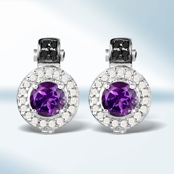 2.29 Carat Genuine Amethyst, Black Diamond and White Diamond .925 Sterling Silver Earrings