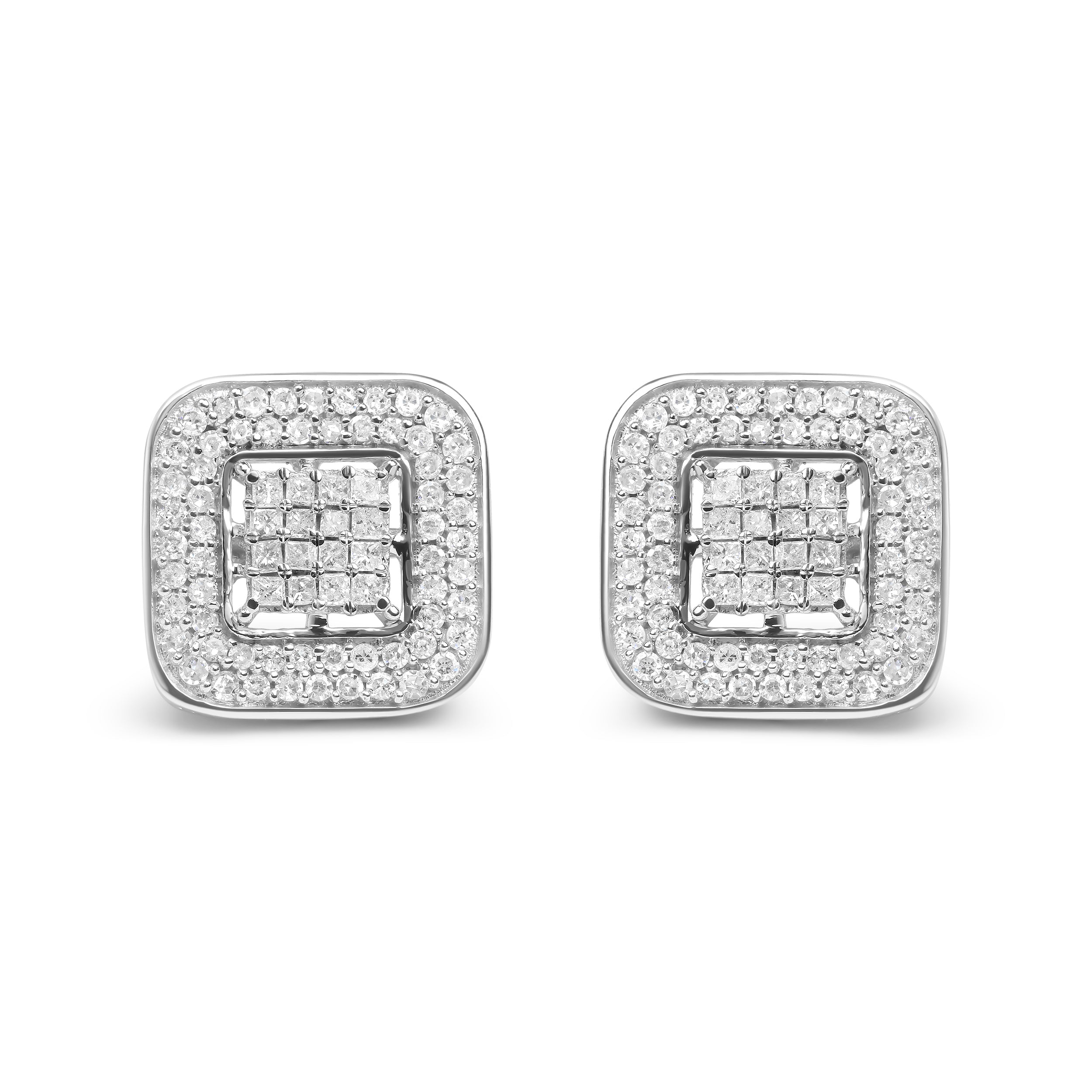 10K White Gold 1.0 Cttw Round and Princess Cut Diamond Composite Open Halo Stud Earrings (H-I Color, SI1-SI2 Clarity)