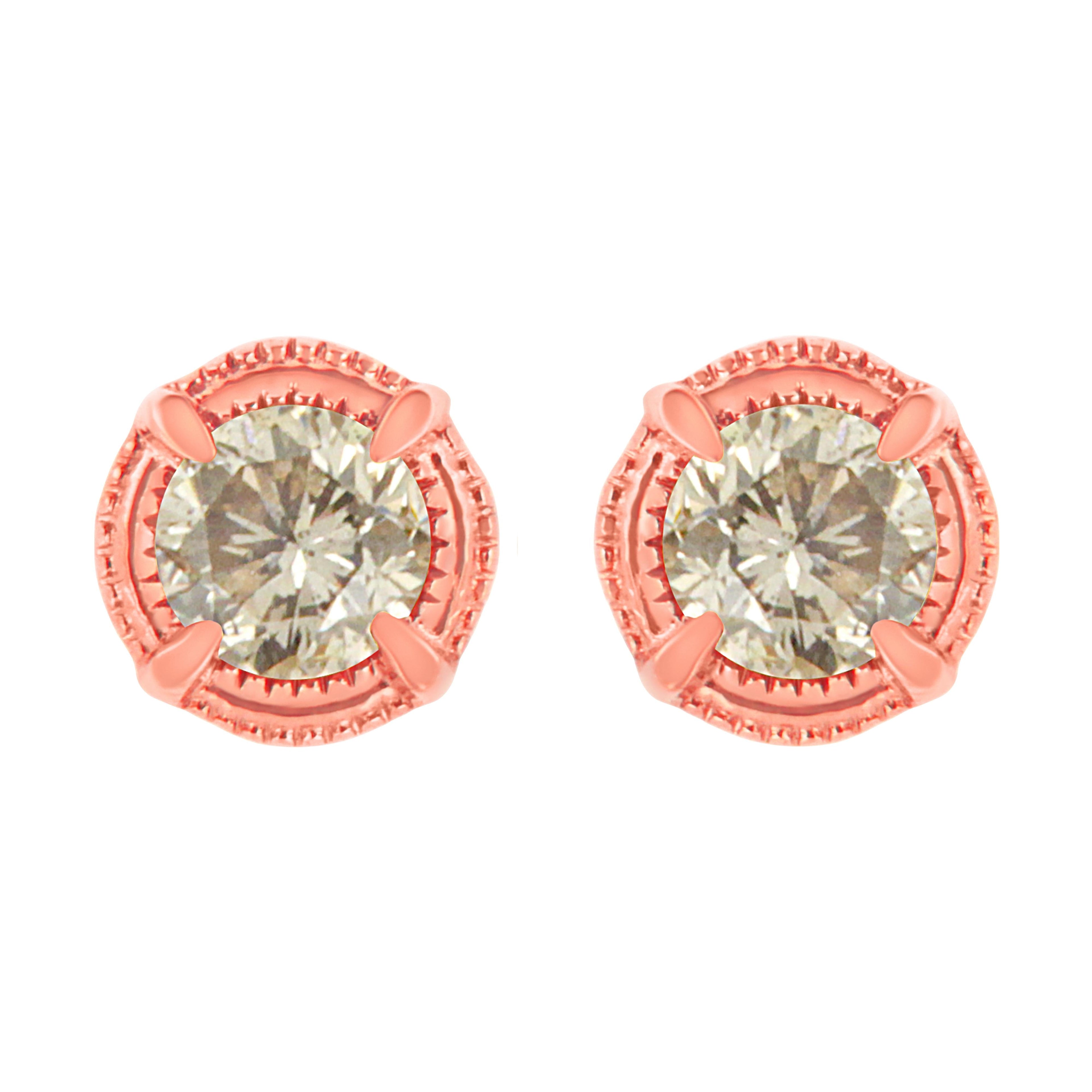 14K Yellow Gold Plated .925 Sterling Silver 1.0 Cttw Round Brilliant Cut Diamond Solitaire Milgrain Stud Earrings (K-L Color, I2-I3 Clarity)