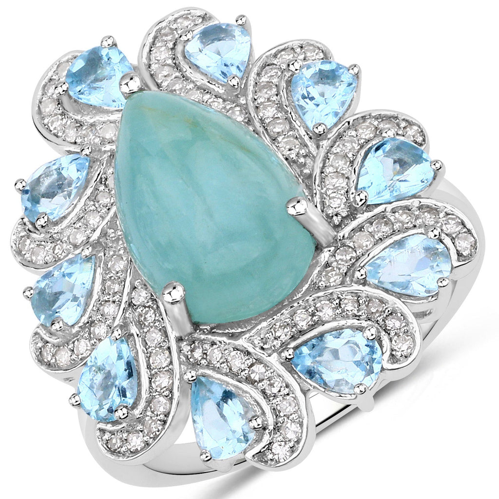 5.23 Carat Genuine Aquamarine and White Diamond .925 Sterling Silver Ring