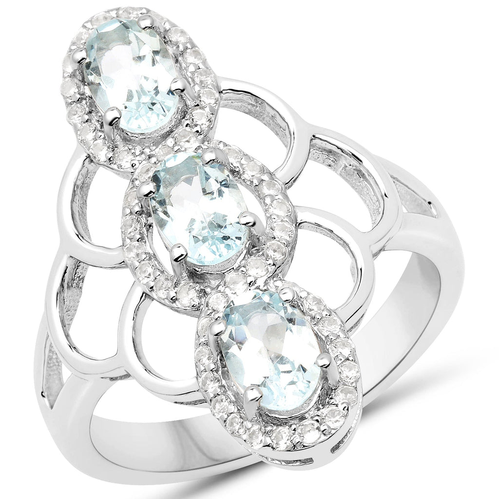 1.54 Carat Genuine Aquamarine and White Zircon .925 Sterling Silver Ring