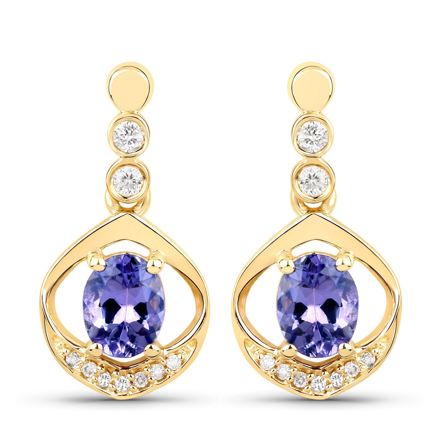 0.76 Carat Genuine Tanzanite and White Diamond 14K Yellow Gold Earrings