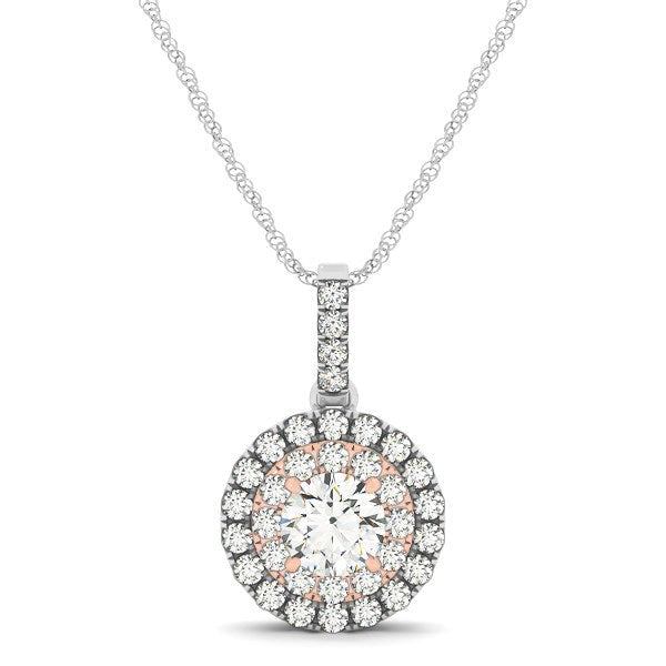 Round Shape Halo Diamond Pendant in 14k White and Rose Gold (1/2 cttw)