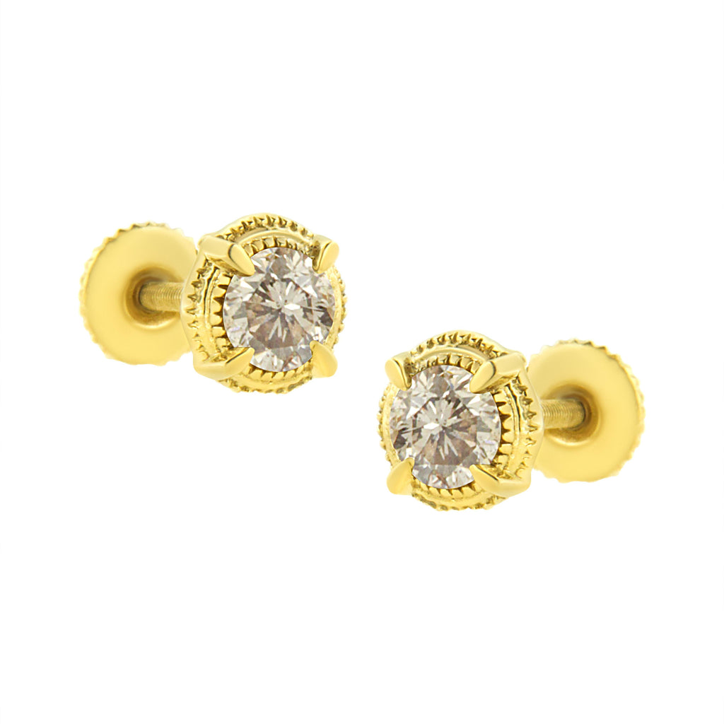 14K Yellow Gold Plated .925 Sterling Silver 1.0 Cttw Round Brilliant Cut Diamond Solitaire Milgrain Stud Earrings (K-L Color, I2-I3 Clarity)