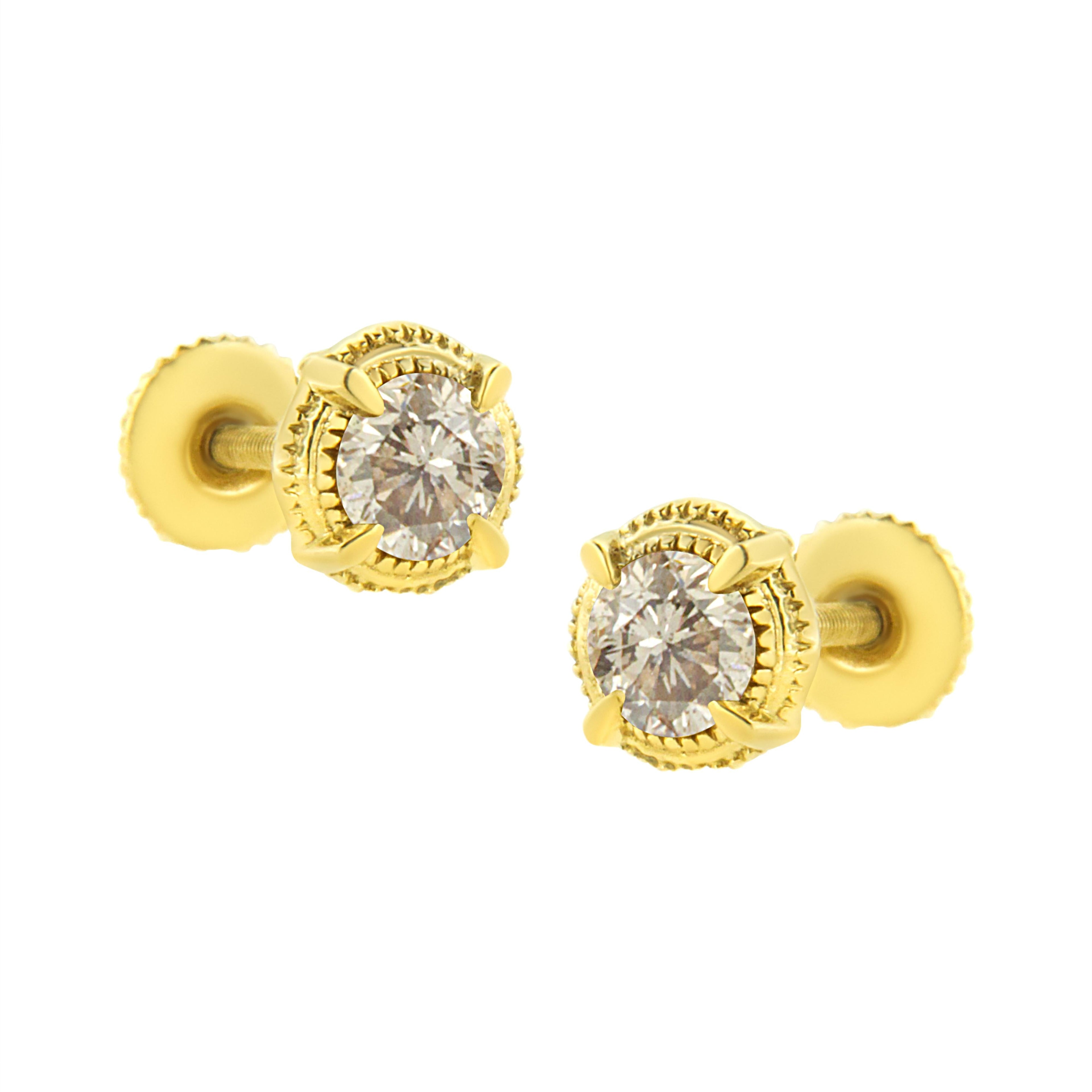 14K Yellow Gold Plated .925 Sterling Silver 1.0 Cttw Round Brilliant Cut Diamond Solitaire Milgrain Stud Earrings (K-L Color, I2-I3 Clarity)