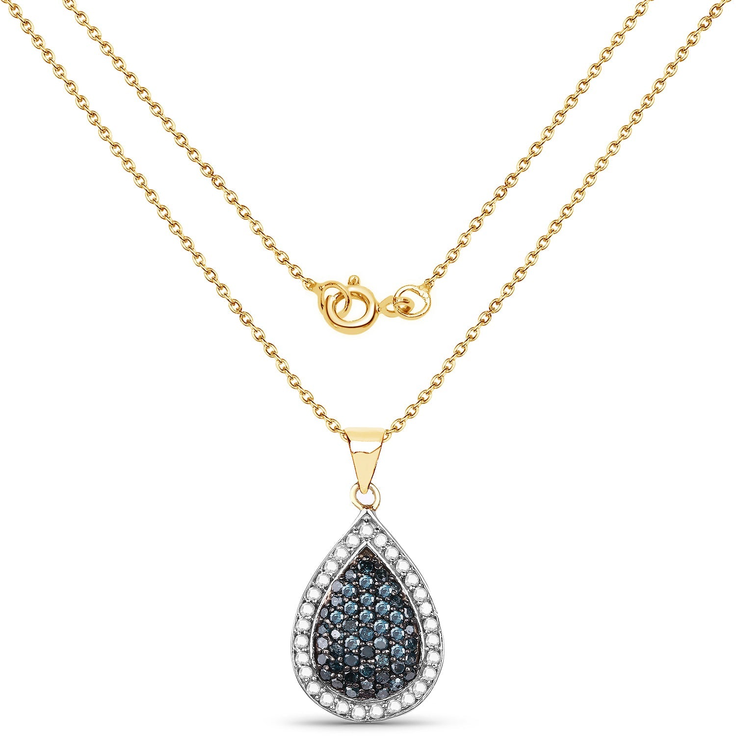 14K Yellow Gold Plated 0.81 Carat Genuine Blue Diamond and White Diamond .925 Sterling Silver Pendant