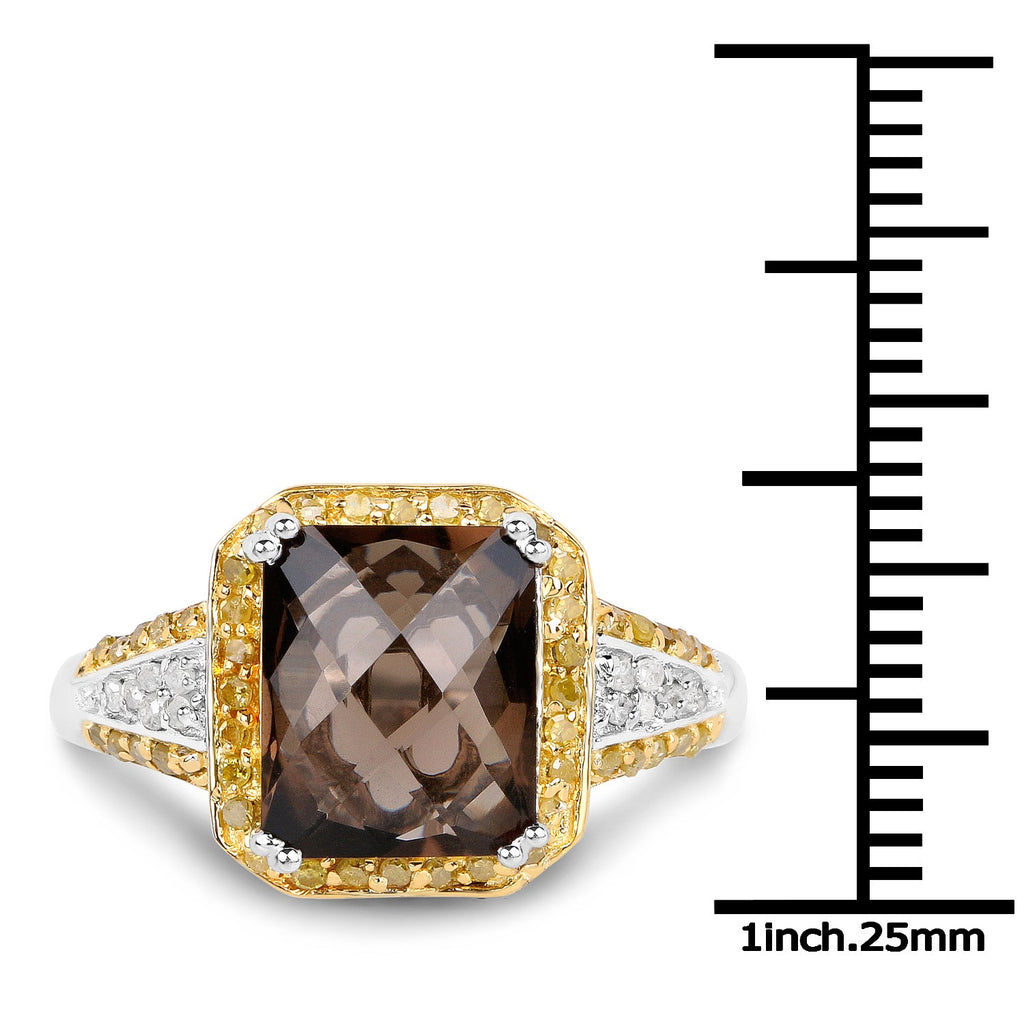 3.48 Carat Genuine Smoky Quartz, Yellow Diamond and White Diamond .925 Sterling Silver Ring